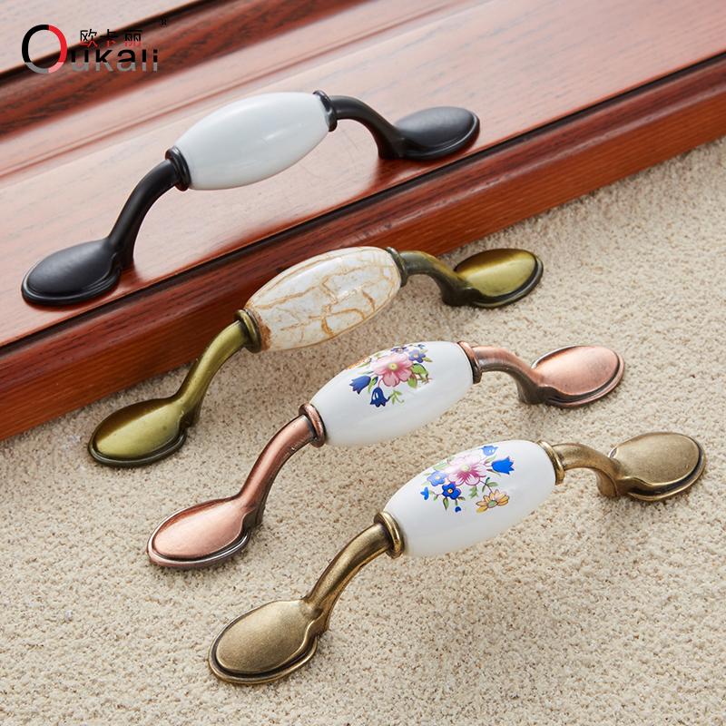 Oukali Antique Classical Ceramic Zinc Drawer Door Vintage Bedroom Furniture Handles Draw Pulls Kitchen Cabinets Wardrobe Handle