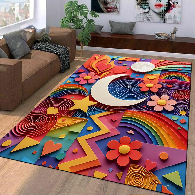 Colorful Moon and Rainbow Carpet with Hearts and Stars Pattern Suitable for use as an anti-slip for living room bedroom sofas