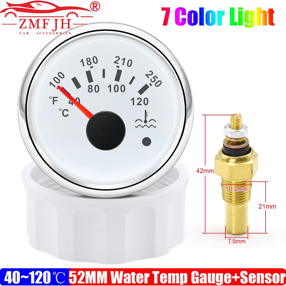 40-120℃,100-250℉ 52MM Water Temperature Gauge With Flashing Alarm Temp Sensor 10.2MM for Auto Car Boat Yacht 7 Color Light