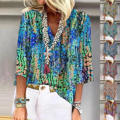 Женская рубашка, блузка, повседневные свободные рубашки, рукава 3/4, топы с v-образным вырезом и принтом, топы с принтом, футболки, футболки