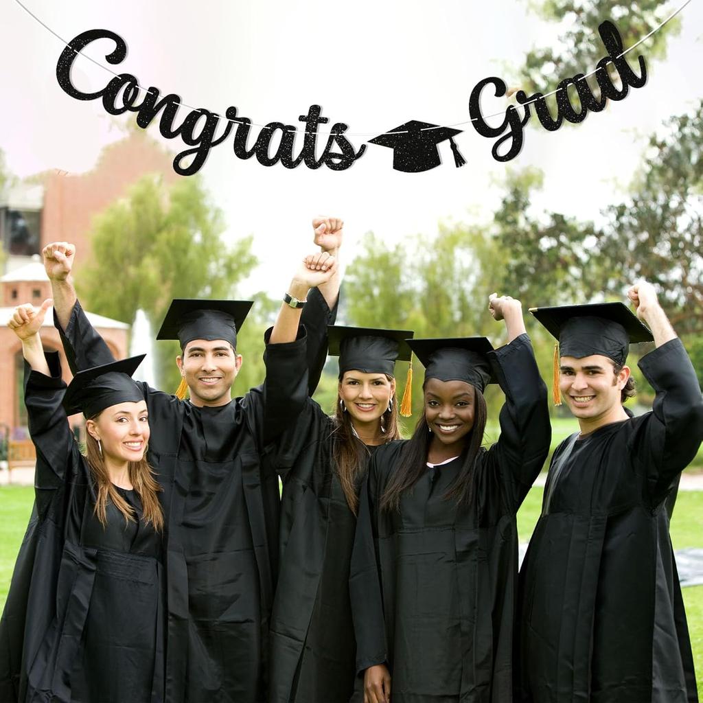 Pre-Strung Congrats Grad Banner - Black Glitter Graduation Party Banner with Cap, Congratulations Graduate Decor, High School College Graduation