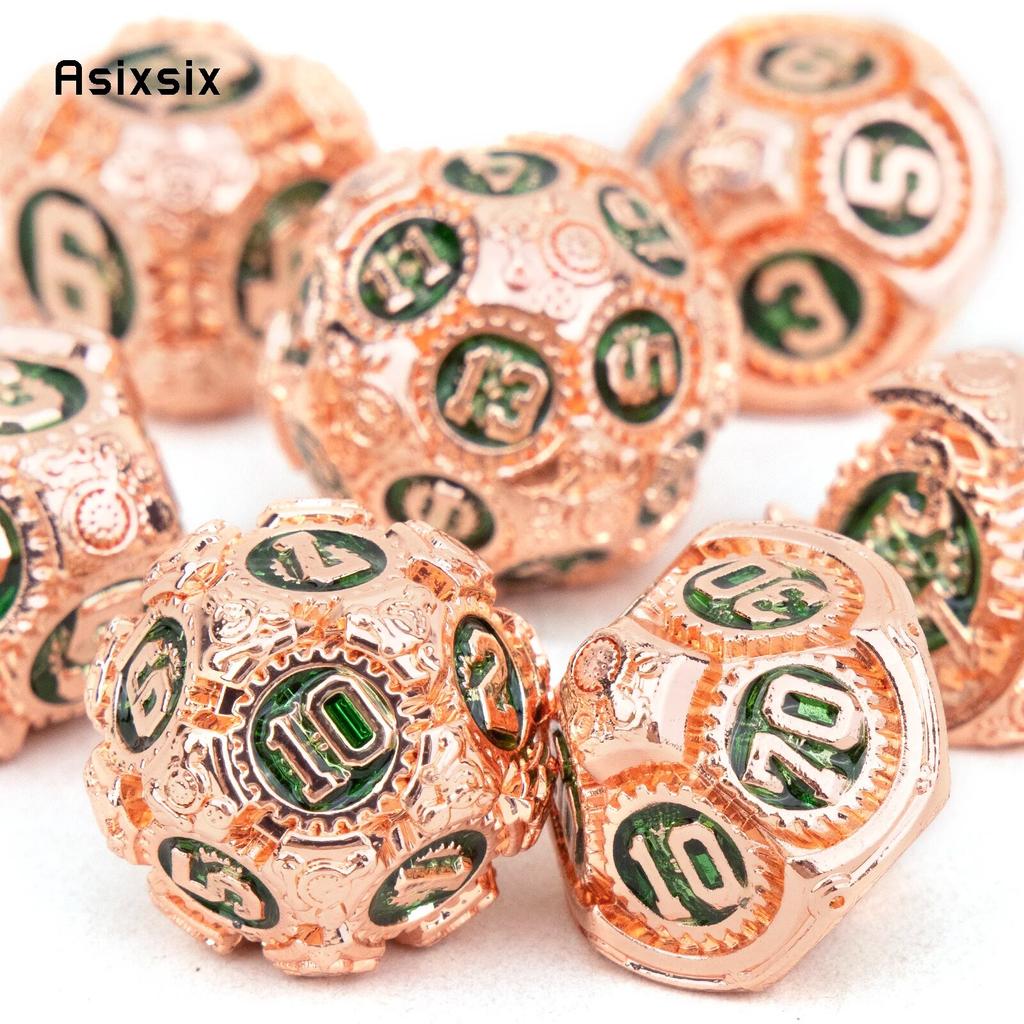 7 Pcs Orange Green Gear Wheel Metal Dice Solid Metal Polyhedral Dice Set Suitable for Role-Playing RPG  Board Game Card Game