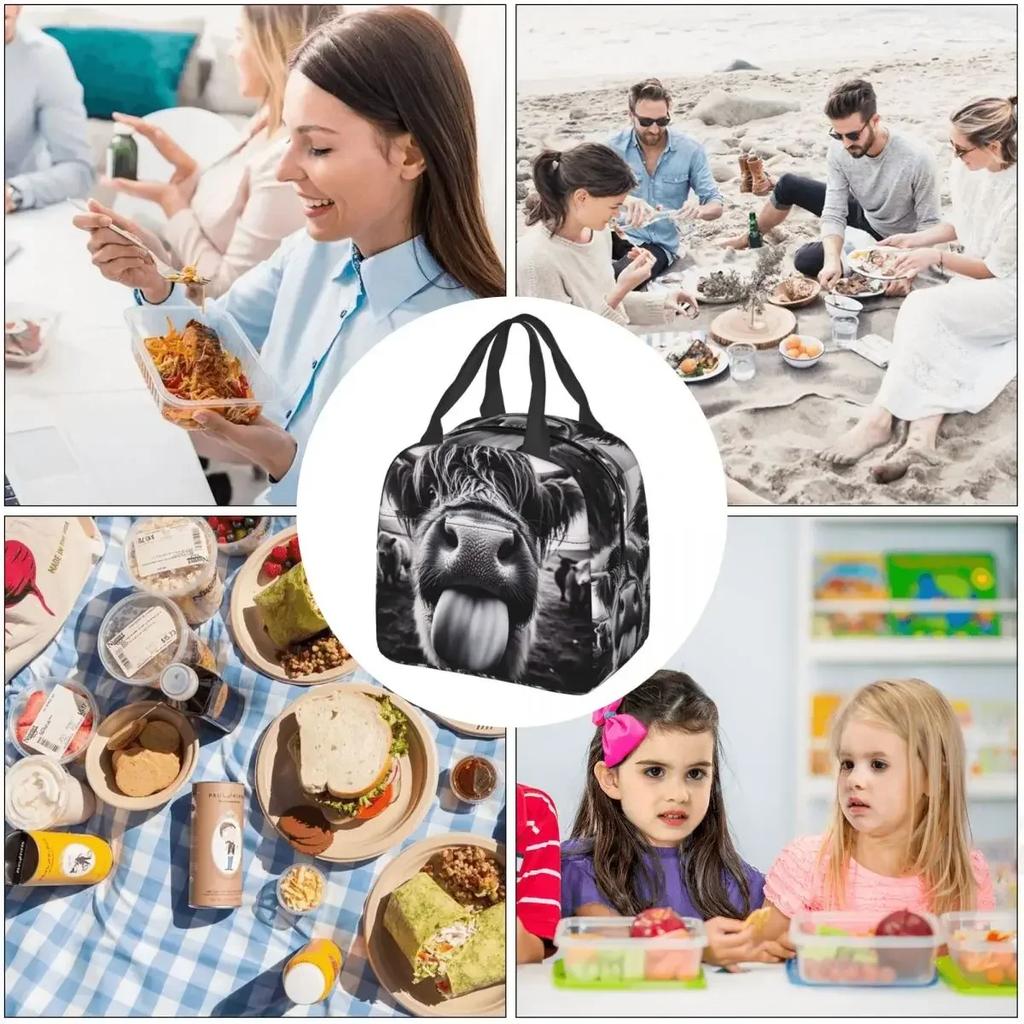 Highland Cow Being Funny Tongue Sticking Out Insulated Lunch Bag for Women Children Leakproof Food Boxes Thermal Lunch Box Tote