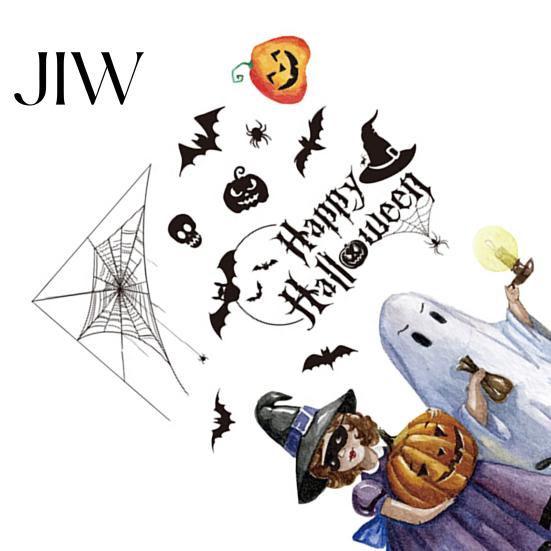 Glass Door Holiday Murals 2Pcs Watercolor Halloween Static Window Clings, Ghost Witch Pumpkin Black Cat Bat Decals, No-Glue Home Ornaments