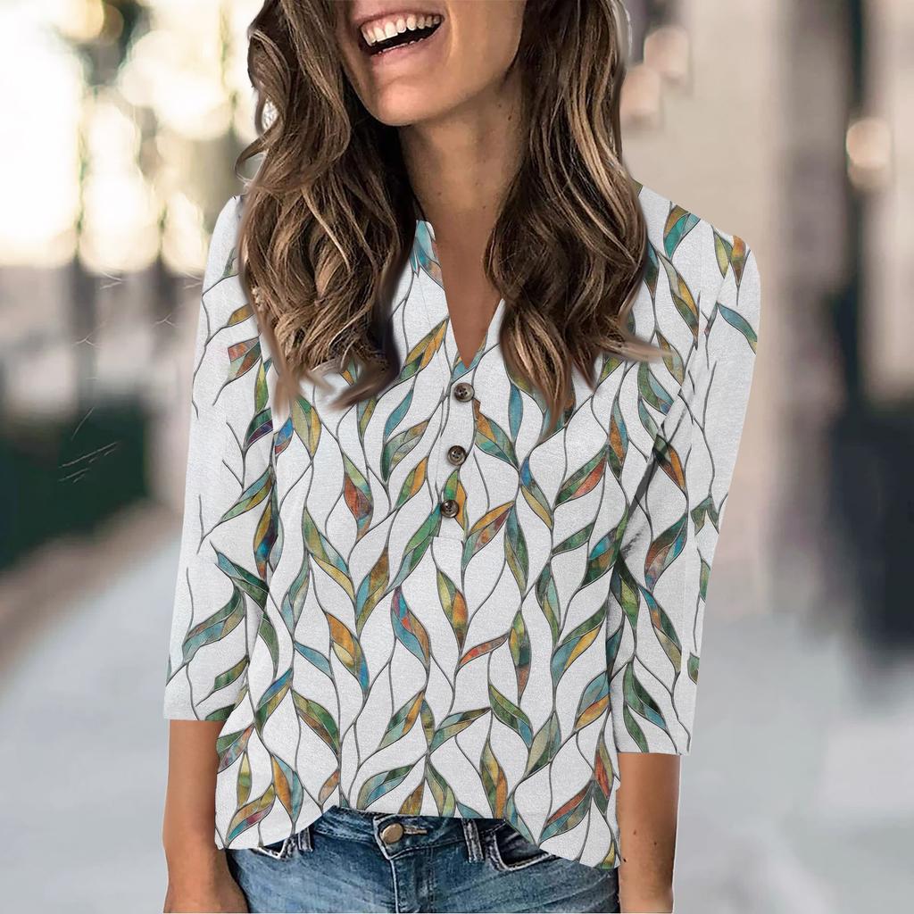 Женская мода повседневный свободный топ с рукавом 3/4 и круглым вырезом