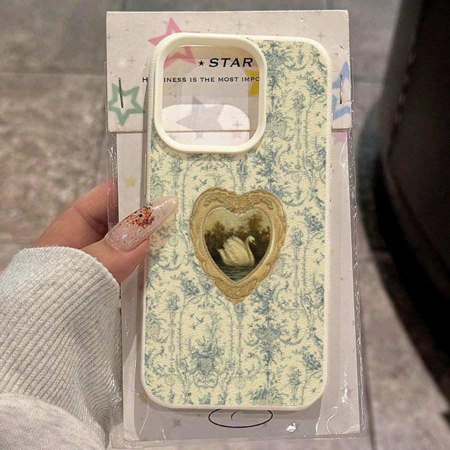 Vintage Pink Bow Swan Floral Frame Pattern Design Protective Cover for iPhone 17 16 15 14 13 12 11 16E Series Pro Max Plus