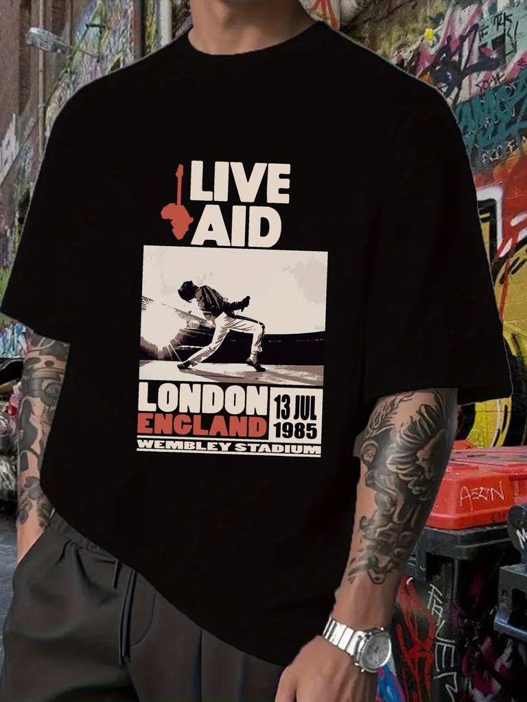 Live Aid London 1985 Graphic T-shirt - Black Hip-Hop Style Short Sleeve Tee with Band Member Silhouette