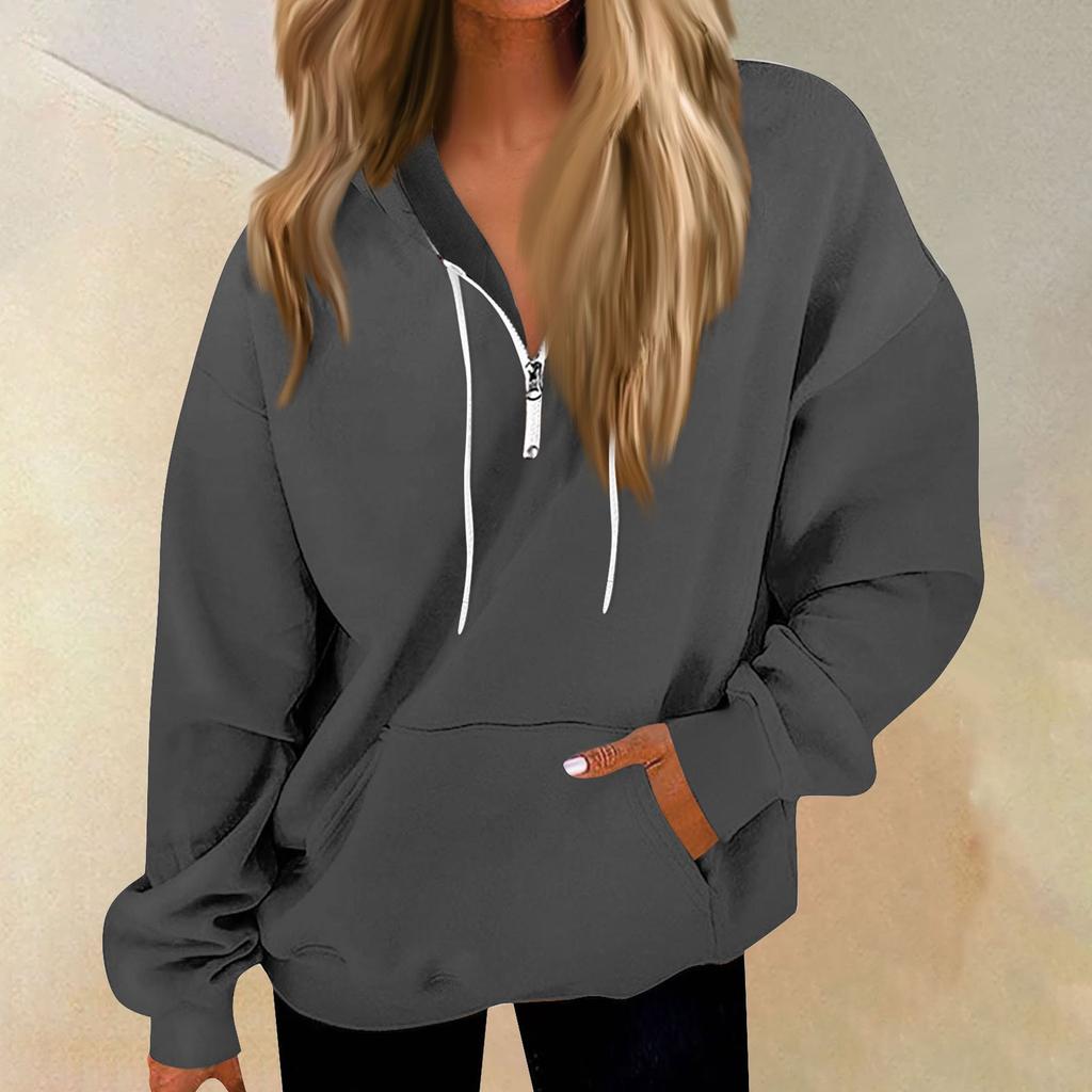 Women's Casual Fashion Long Sleeve Solid Color Zip Pullover Hoodies Sweatshirt Top