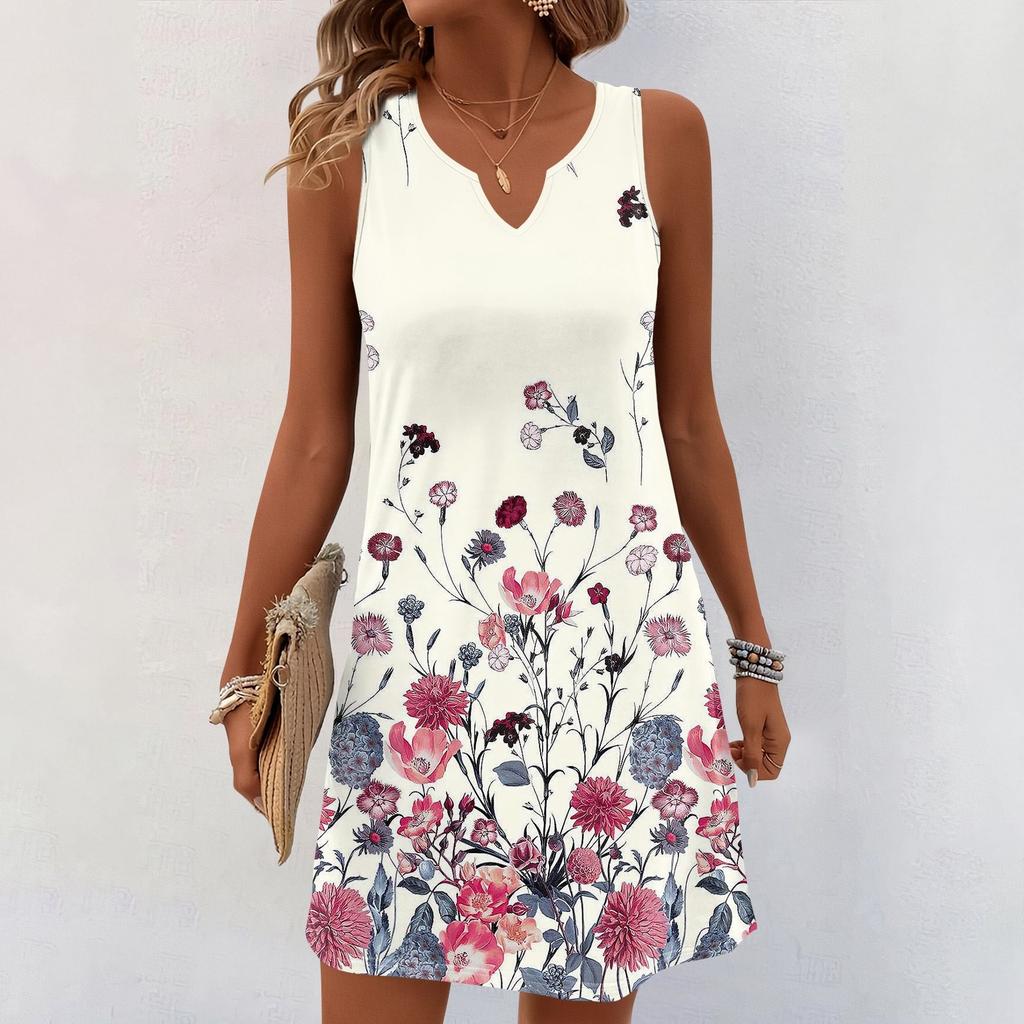 Женские летние платья с V-образным вырезом и принтом без рукавов Сарафан Повседневное платье
