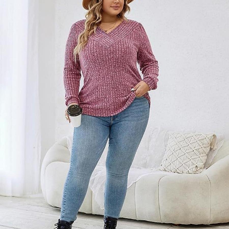 Женский осенне-зимний свитер большого размера XL ~ 5XL, свитера с длинными рукавами и v-образным вырезом, повседневный топ, трикотажные рубашки в рубчик, женские рубашки