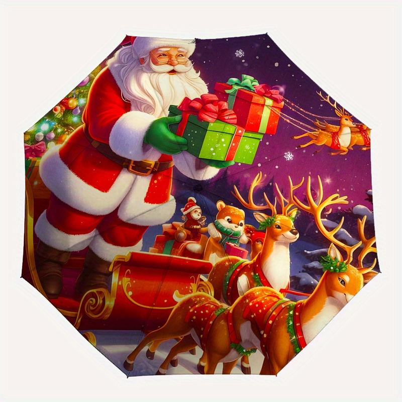 Santa Claus & Reindeer Christmas Sleigh Decorative StickerUmbrella, Portable 3-Fold Compact Umbrella,Christmas Gift ES429