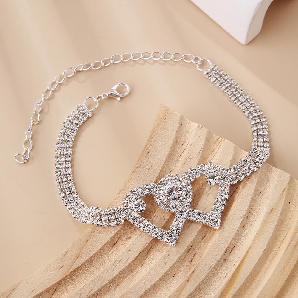 2pcs Fashion Double Heart Anklet Crystal Bracelet for Women Summer Beach Multi Row Rhinestone Anklet Bracelet On Leg