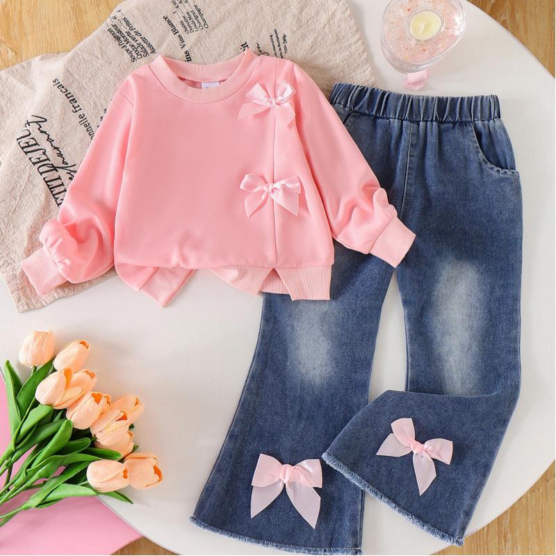 Осень Новая Повседневная Детская Одежда Розовый Бант Толстовка с Длинным Рукавом Джинсы Милая Модная для Девочек