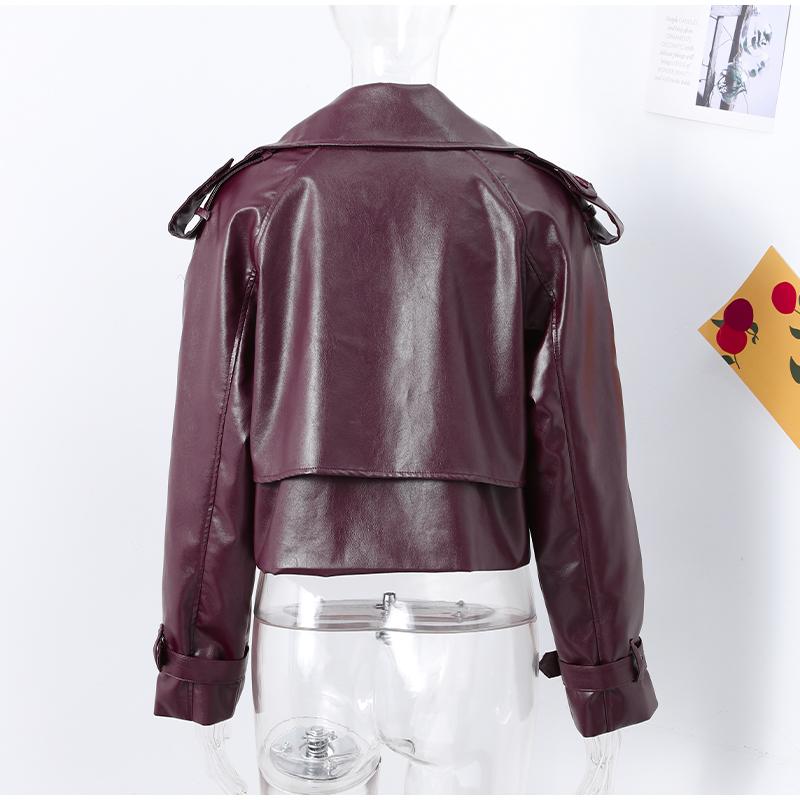 Уличная короткая куртка из кожи бордового цвета с красными карманами и лацканами для женщин, куртка с длинным рукавом, осенняя свободная верхняя одежда для женщин