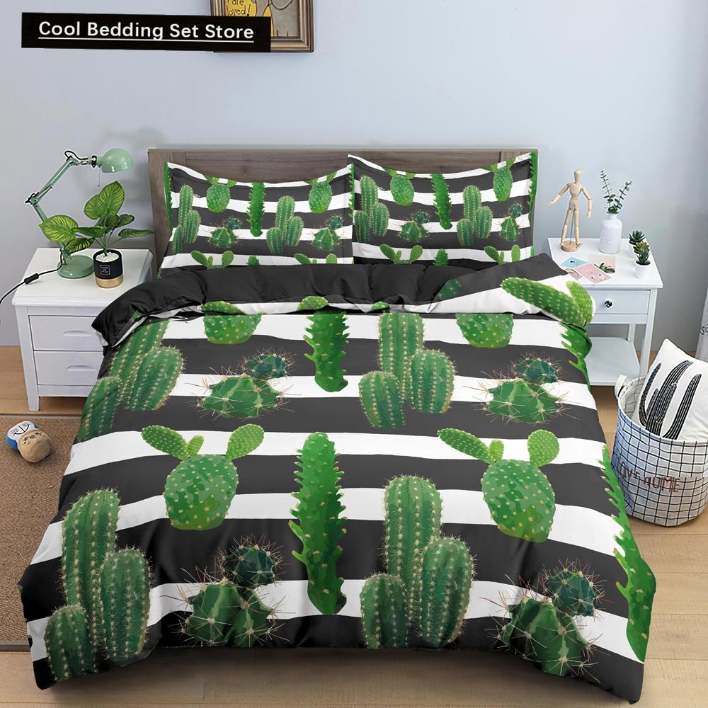 Пододеяльник Cactus King Queen Набор постельного белья с суккулентами для детей, подростков, взрослых Зеленый Ботанический с цветами 2/3 предмета Полиэстеровый пододеяльник