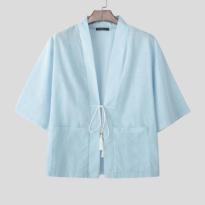 INCERUN Винтажный мужской летний кардиган с рукавами 3/4 и шнуровкой, кимоно с открытым передом