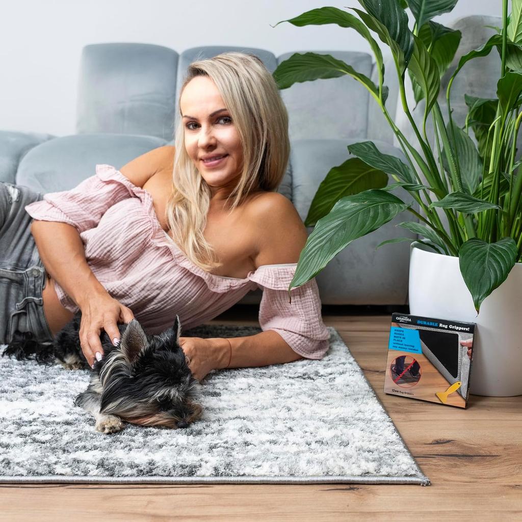 CASAVERA 12 Pcs Rug and Carpet Tape Grippers, Non-Slip, for Hardwood and Tile Floors, Durable Double-Sided Tape for Area Rugs, Adhesive Rug Stickers