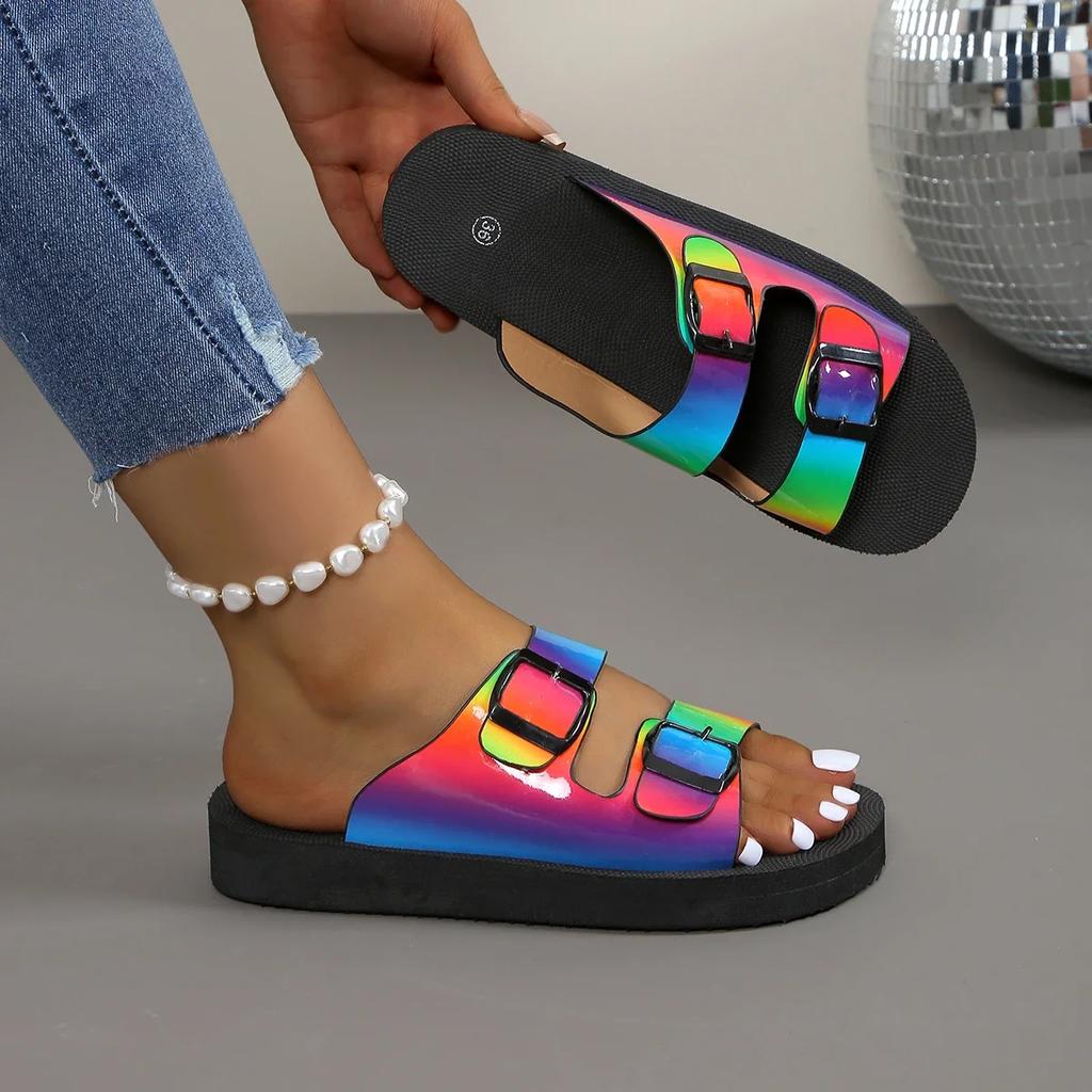 Outdoor Summer Women's Slippers Buckle Decoration Platform Ladies Shoes 2024 Brand Rainbow Color Water Proof Innovative Slippers