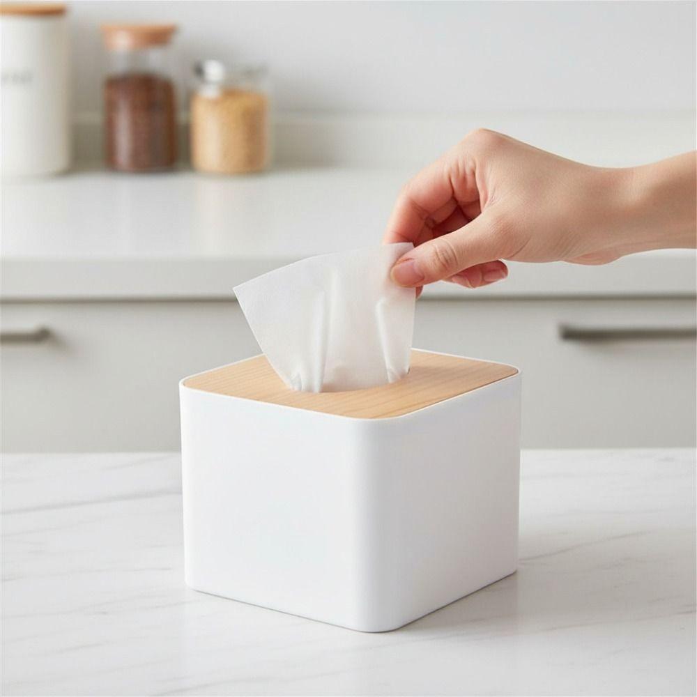 Square Tissue Box Holder Wood, PP Storage Organizer Kitchen Tissue Box Cover Home Use