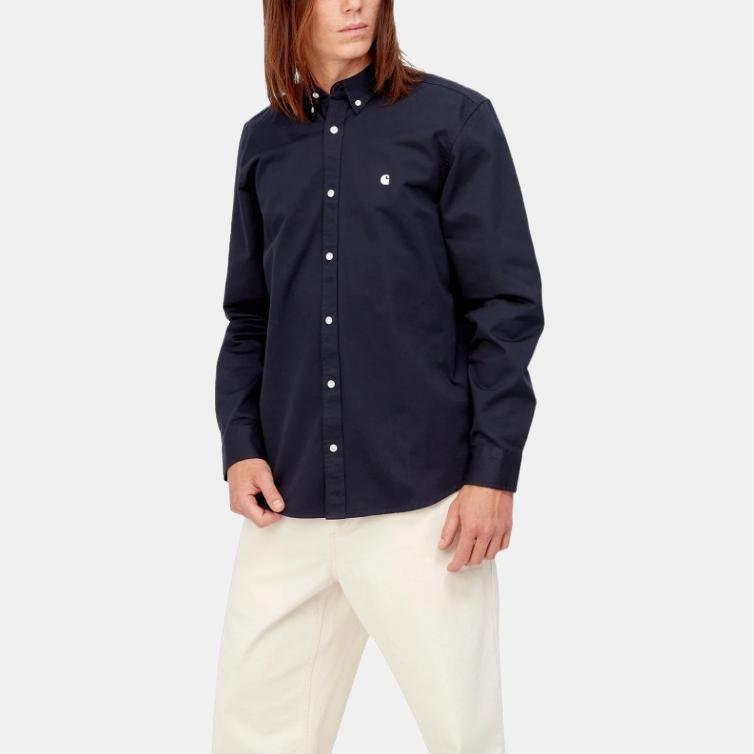 Carhartt WIP Однотонная рубашка с вышивкой логотипа, однобортная, мужская, темно-синяя, I0233390COXX