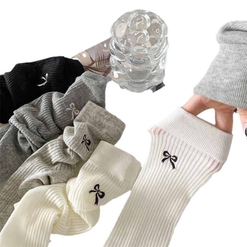 5 пар женских носков средней длины с бантом-бабочкой, однотонные, легкие, дышащие, мягкие, удобные, повседневные, длинные носки