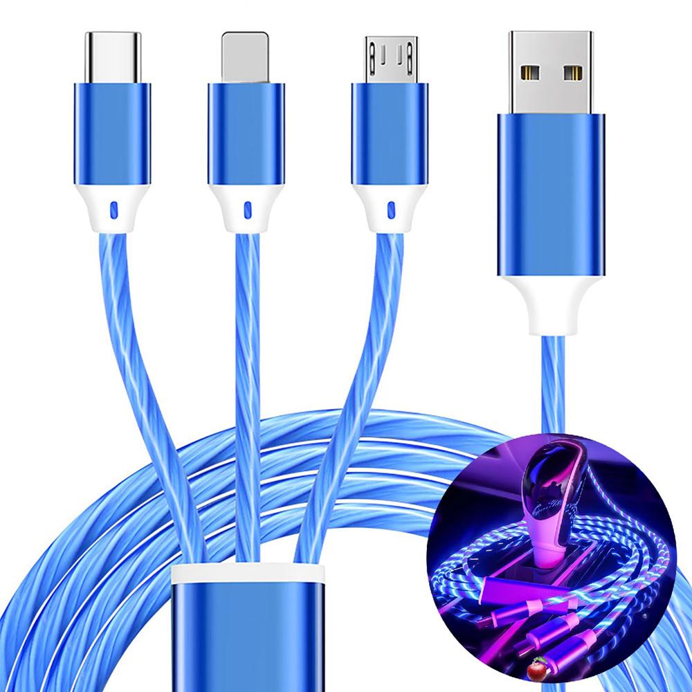 Универсальный USB-кабель 3-в-1 с текущим светодиодным индикатором для зарядки телефона, с разъемами для Apple+Type C+Micro USB