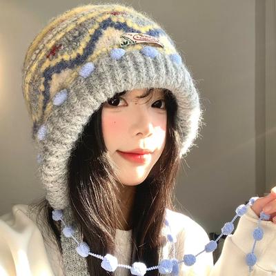 Вязаная балаклава в стиле Fair Isle ретро для женщин, осень/зима, с эффектом похудения лица, теплая и защищающая уши.