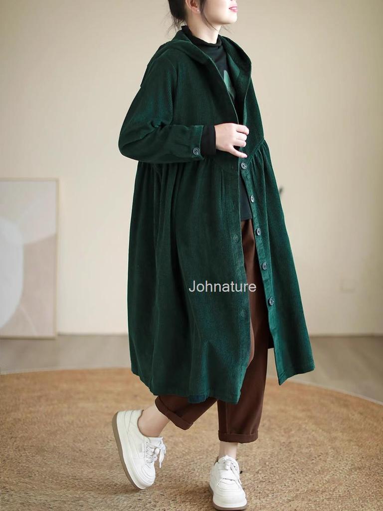 Johnature Женский винтажный вельветовый плащ с капюшоном и пуговицами, однотонное теплое пальто с длинным рукавом