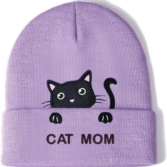 Kitten cat mom dad embroidery flower knitted hat wool hat outdoor cycling warm hat