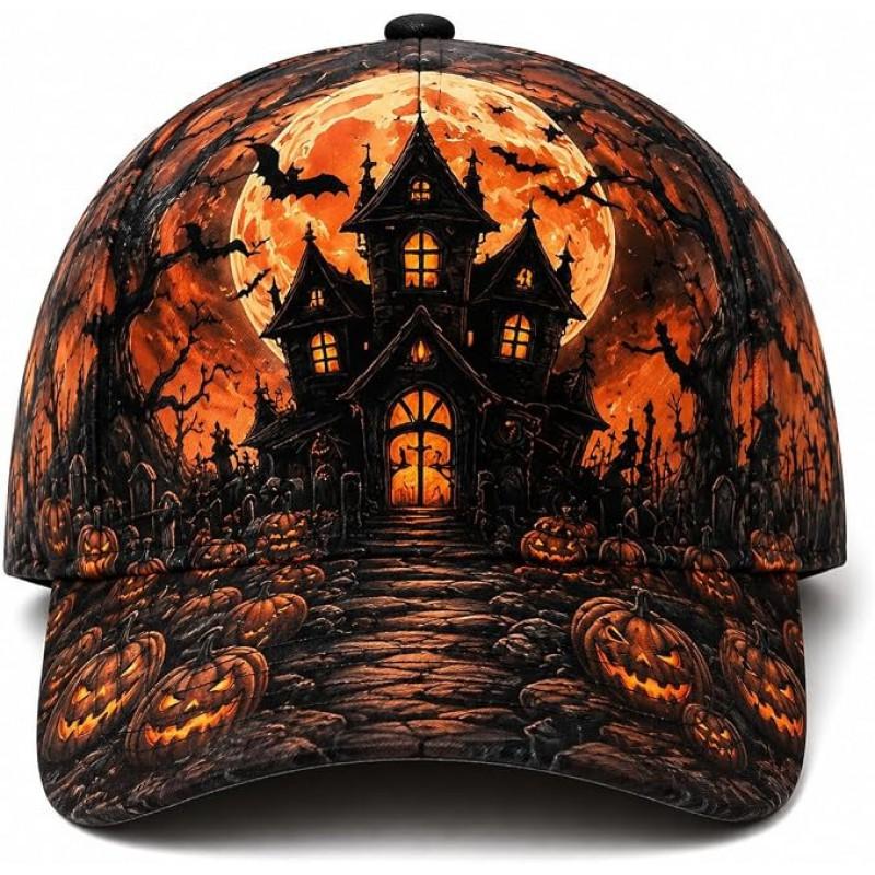 Digital Print Baseball Cap Halloween Black Cat Pumpkin All-Over Adjustable Sun Hat Unisex