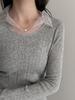 Lu Xi Women's V-neck Korean Style Mesh Patchwork Knit Top, Early Spring 2026 Collection