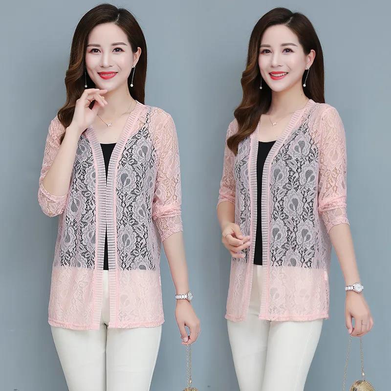 XL-5XL Spring and Summer Plus Size Women's Tops Mid-length Lace Cardigan Thin Coat Casual Long-sleeved Sun Protection Clothing