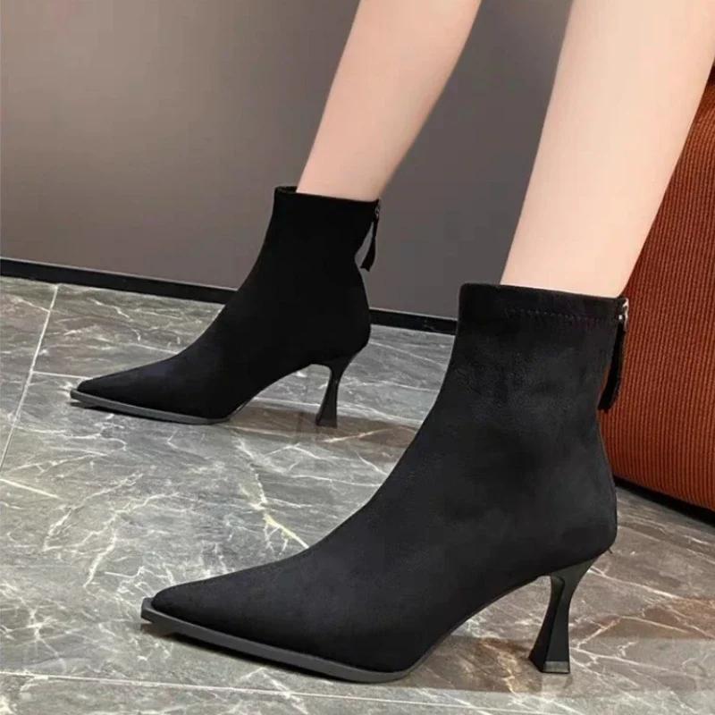 Модная женская обувь 2024 года, модные женские сапоги на молнии, осенние сапоги с острым носком и леопардовым принтом, сексуальные короткие сапоги на шпильках или тонких каблуках