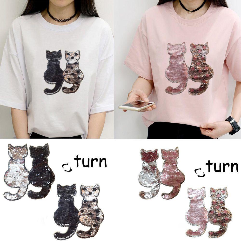 Cute Sewing Coat Jeans Applique Reversible Color Sequins Cat Patch DIY Clothes