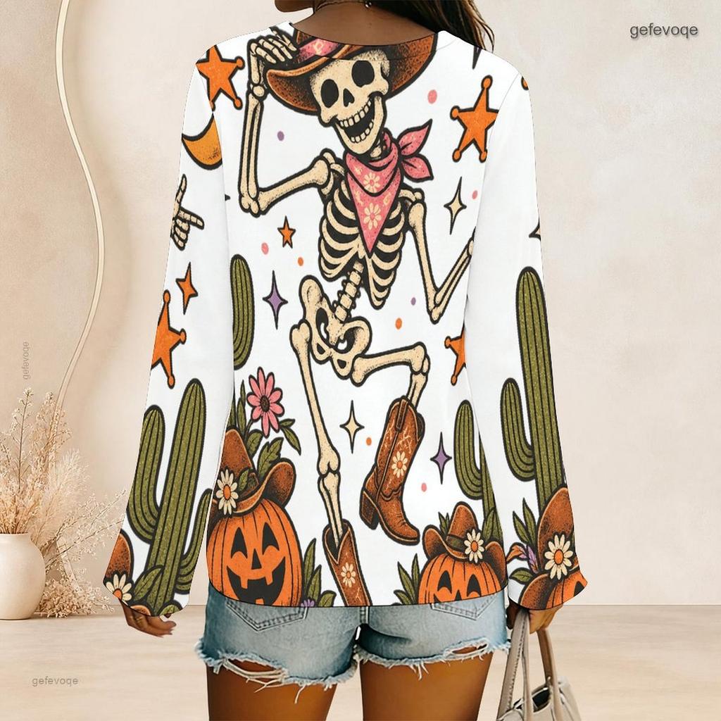 Women Plus Size V Neck Long Sleeve Curved Hem Halloween Raccoon Pumpkin Printed Top