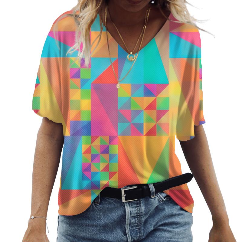Womens Vneck Short Sleeve Abstract Curve Printed Tops Loose Tshirt Casual Blouse