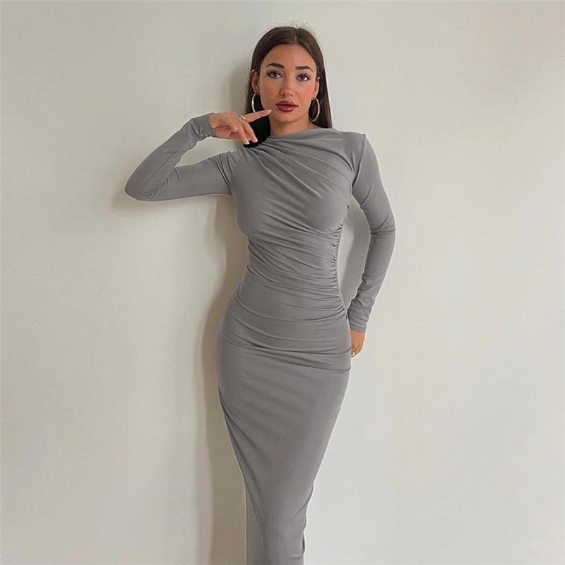 New Autumn and Winter Women's Fashion Round Neck Long Sleeve Slim Fit Hip Solid Color Temperament Dress
