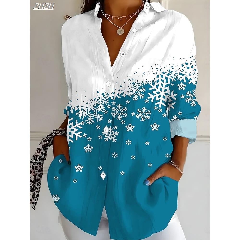 Women's 2025 Long Sleeve Shirt, Polyester Blend Slim Fit, Snowflake Elegant Graphic Casual Daily Wear, Spring Autumn Blouse Tops