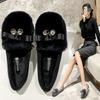 Fashion Luxury Crystal Bow-knot Fur Shoes Women Comfy Warm Plush Loafers Woman Furry Flats Winter Add Cashmere Moccasins Big Size 40-43