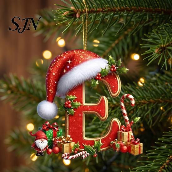 Hanging Decoration 26 Pcs Letters Christmas Ornaments, A-Z Alphabet Acrylic Tree Ornament Decoration, Personalized Initial Pendant with Santa Hat for