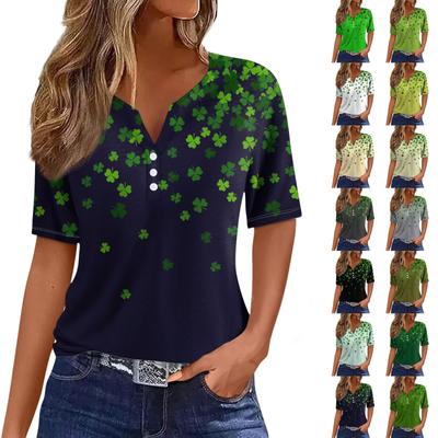 Женская повседневная одежда St. Футболка с короткими рукавами и V-образным вырезом, декоративными пуговицами и принтом ко Дню Святого Патрика