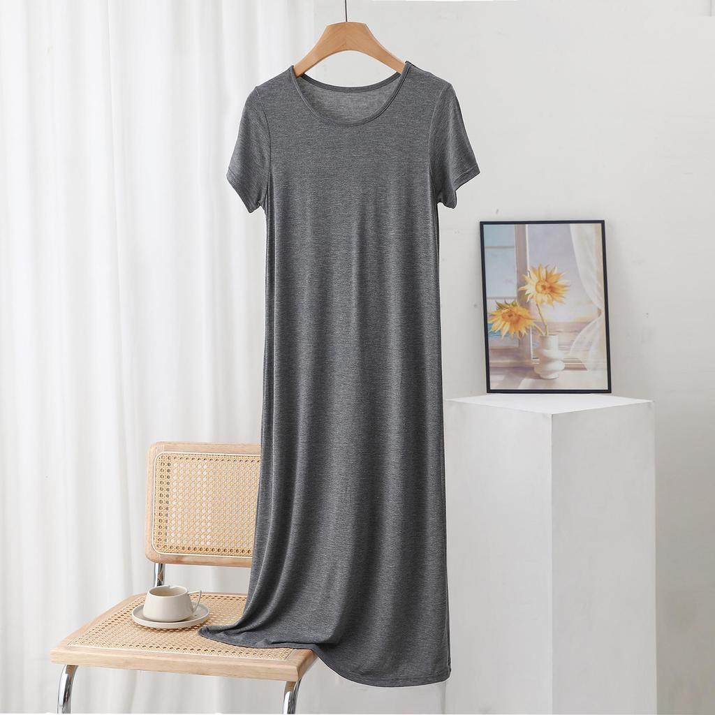 Women's Summer Solid Color Loose Slimming Modal Mid-Length Dress with Round Neck and Short Sleeves