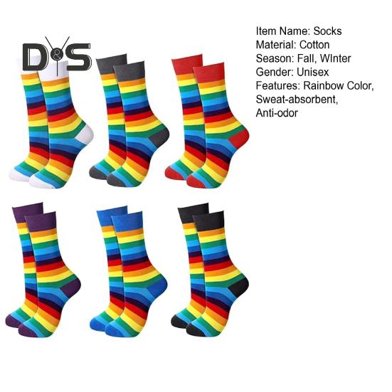 6 пар зимних носков унисекс с разноцветными радужными полосками, средней длины, эластичные, сохраняющие тепло, нескользящие, толстые, для пар, повседневные спортивные носки