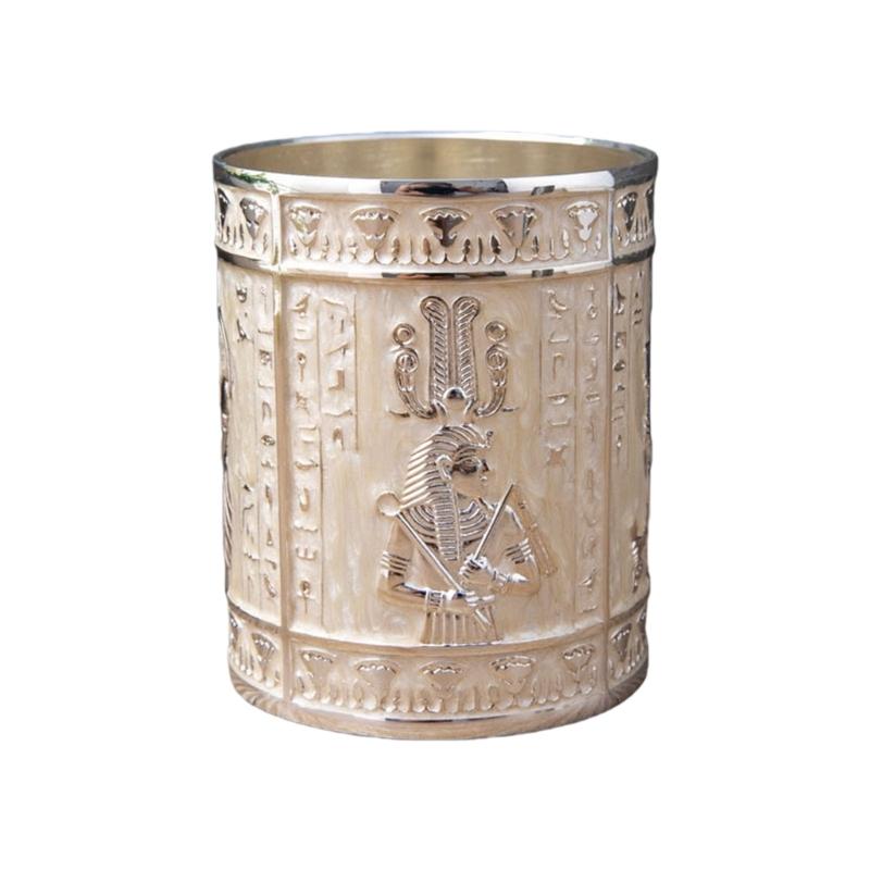 Retro Egyptian Embossed Pen Stand Cylinder Shape Alloy Pen Cup Desktop Organiser Storage Box for Office Desk Decoration