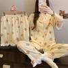Летняя новая пижама из искусственного хлопка с оборками по краю, женская, с мишкой, с коротким рукавом, тройка, домашняя одежда