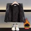 Boy's Thick Hooded Coat for Winter, Children's Leather Coat with Added Insulation.