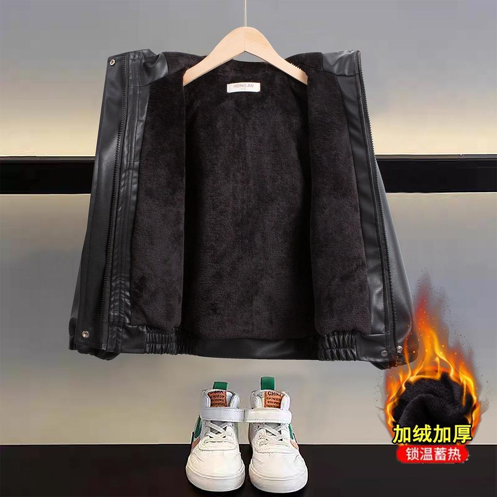 Boy's Thick Hooded Coat for Winter, Children's Leather Coat with Added Insulation.