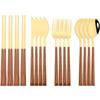 16Pcs Brown Gold Dinnerware Set Imitation Wooden Handle Cutlery Set Chopsticks Knife Fork Spoon Tableware Set Korean Flatware