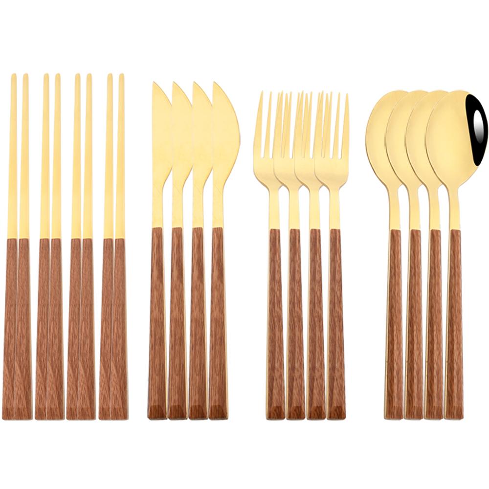 16Pcs Brown Gold Dinnerware Set Imitation Wooden Handle Cutlery Set Chopsticks Knife Fork Spoon Tableware Set Korean Flatware