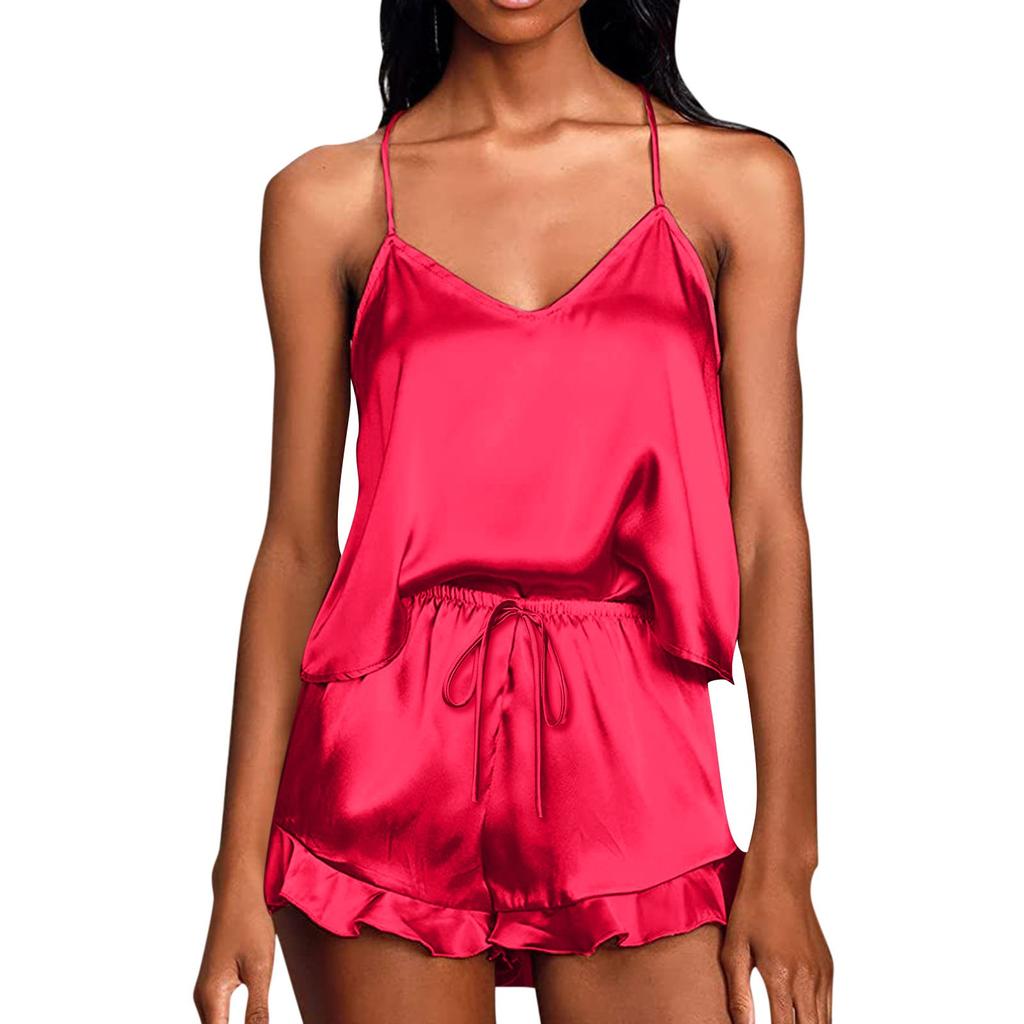 Пижама для женщин комплект из атласа 2 предмета шелковый топ и шорты повседневная мода с оборками мягкая одежда для сна